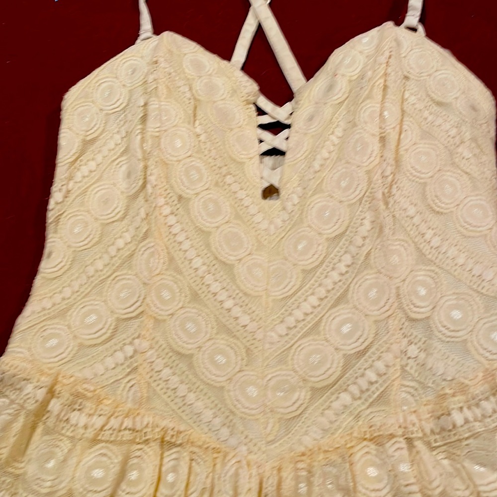 Guess Ivory White Lace Linear Dot Dress Smocked Back Mini V Neck Cotton 2 NWT - Picture 5 of 12